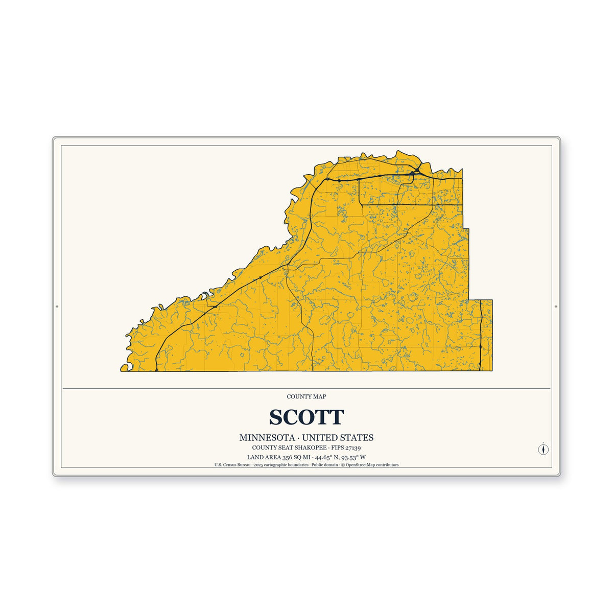 Scott County, Minnesota Map Aluminum Sign in Citrine Modern style