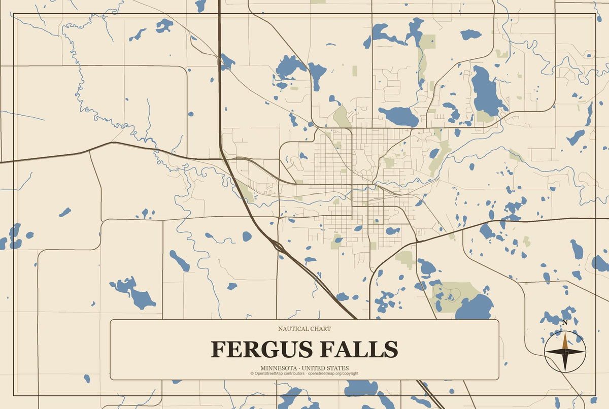 Fergus Falls, Minnesota City Map Aluminum Sign in Heritage Nautical style