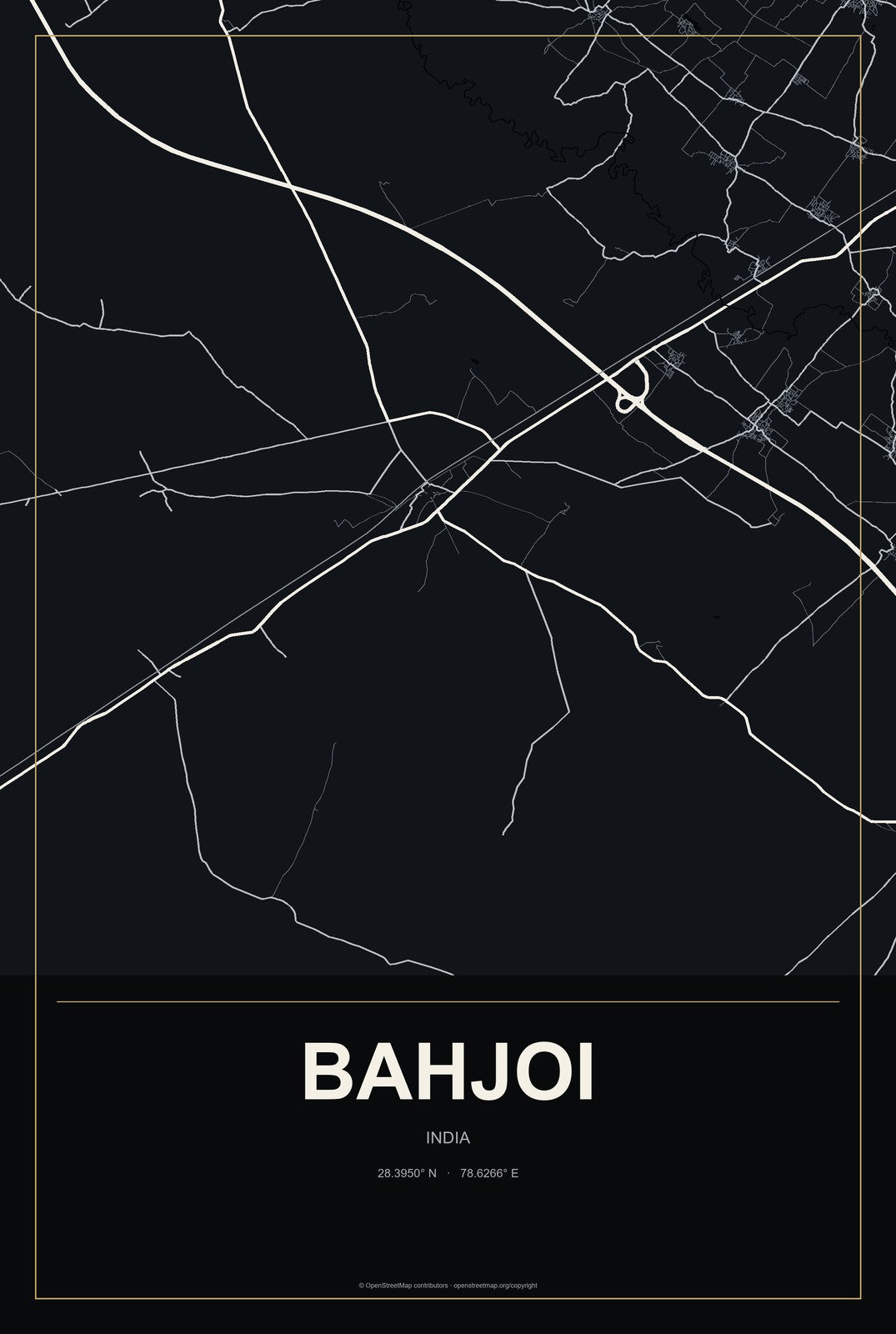 Bahjoi, India City Map Aluminum Sign in Metropolitan Noir style
