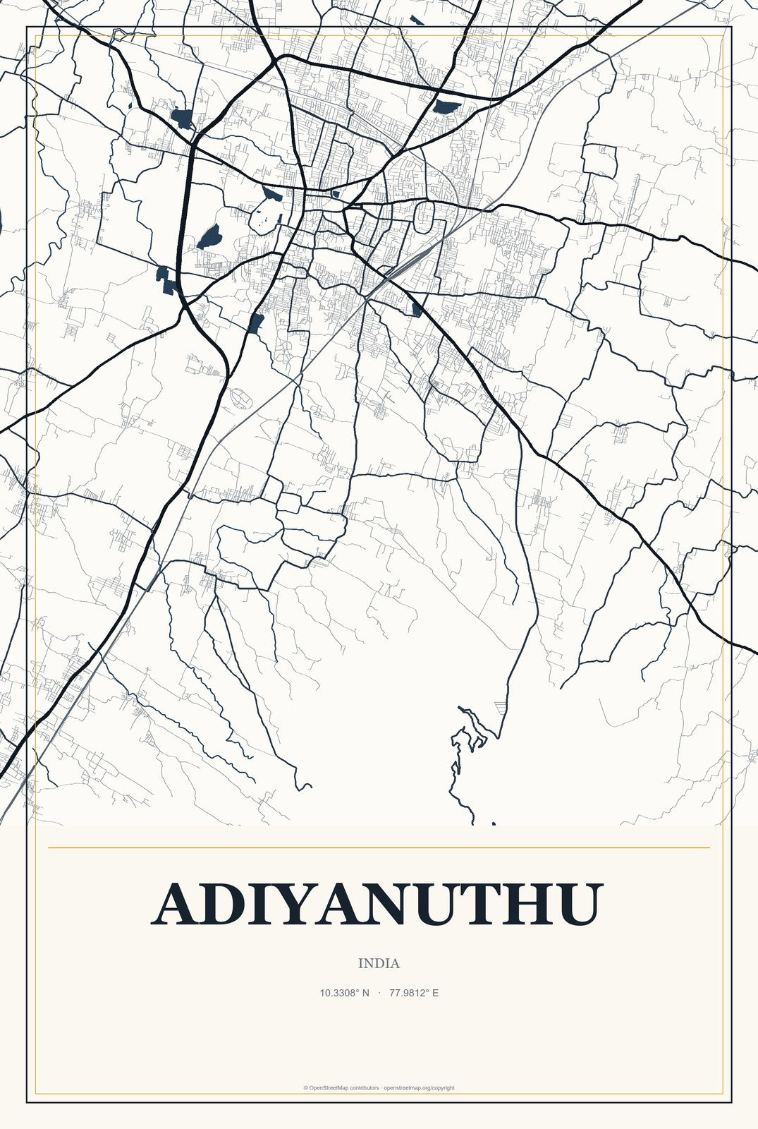Adiyanuthu, India City Map Aluminum Sign in Citrine Modern style
