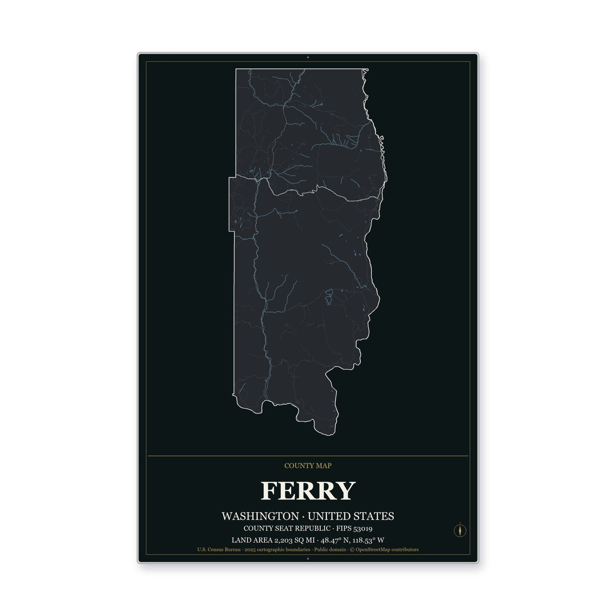 Ferry County, Washington Map Aluminum Sign in Metropolitan Noir style
