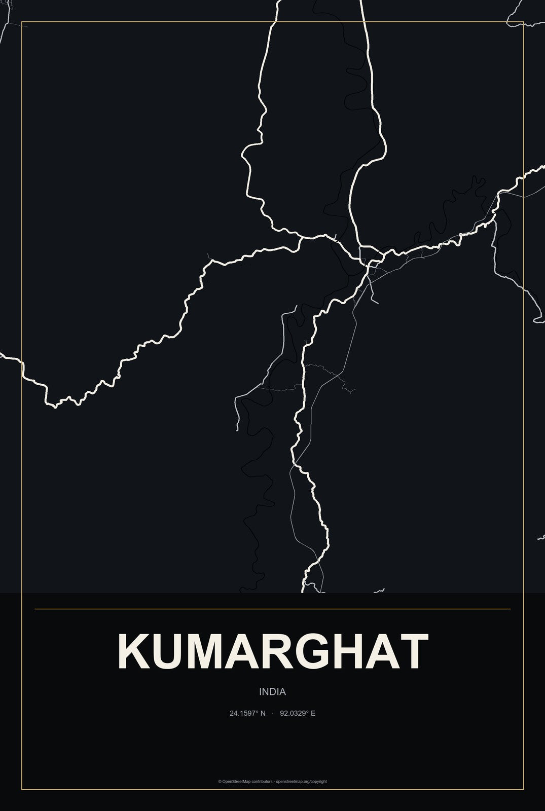 Kumarghat, India City Map Aluminum Sign in Metropolitan Noir style