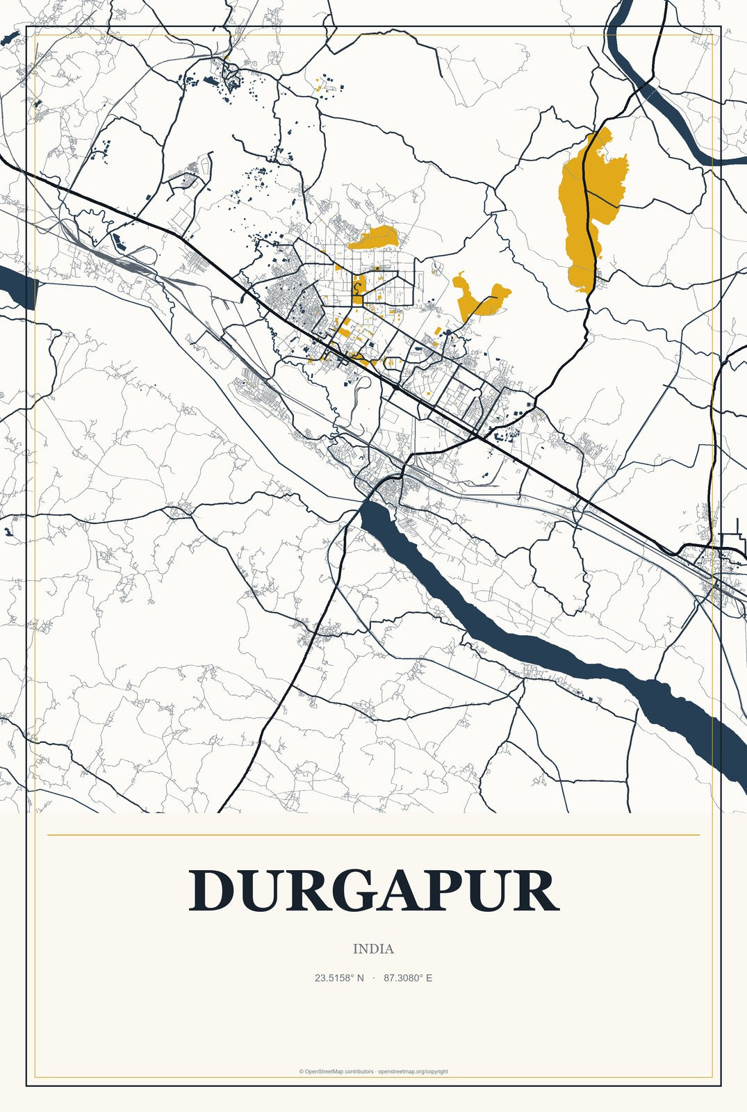 Durgapur, India City Map Aluminum Sign in Citrine Modern style