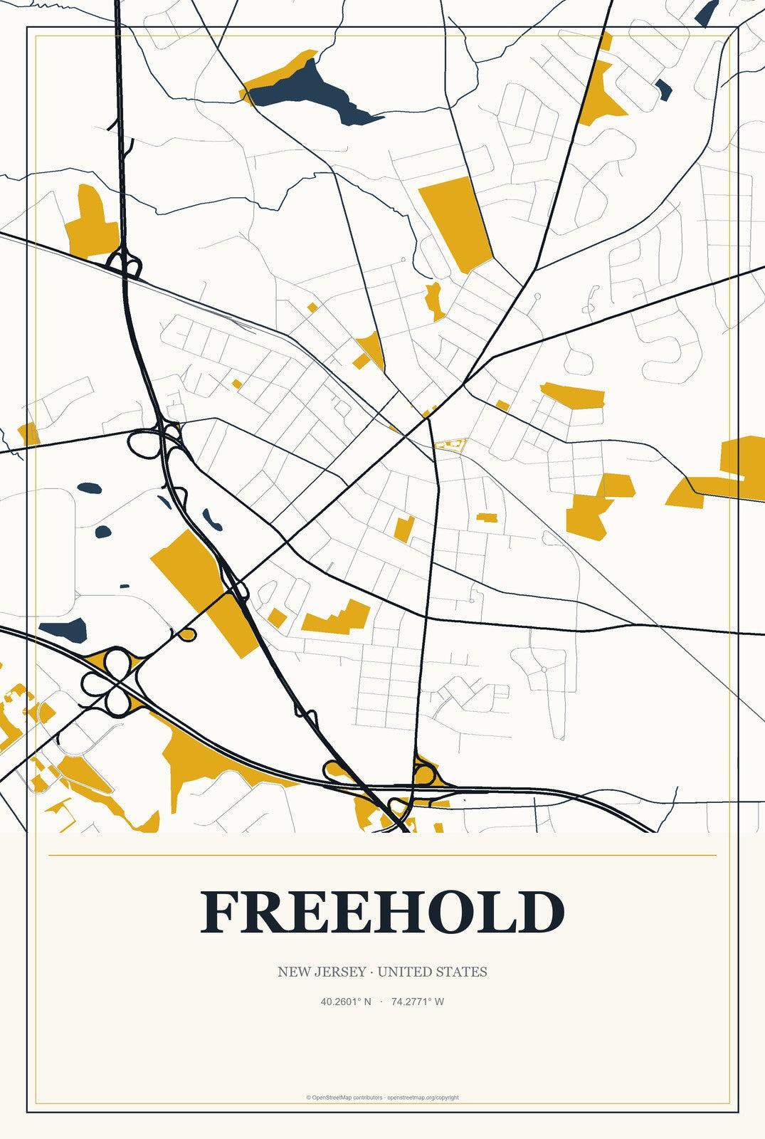 Freehold, New Jersey City Map Aluminum Sign in Citrine Modern style