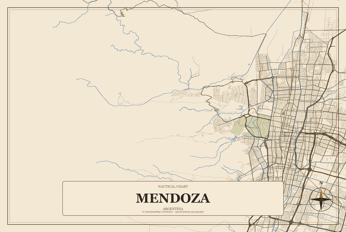 Mendoza, Argentina City Map Aluminum Sign in Heritage Nautical style