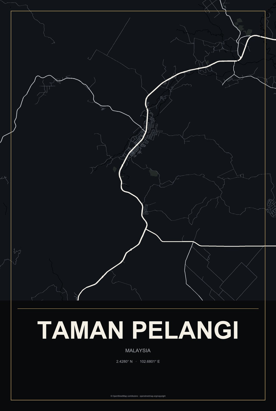 Taman Pelangi, Malaysia City Map Aluminum Sign in Metropolitan Noir style