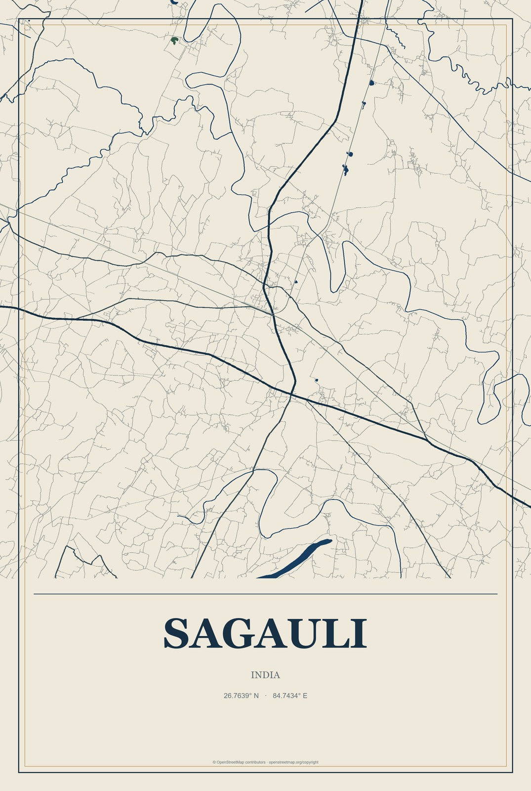 Sagauli, India City Map Aluminum Sign in Coastal Cutout style