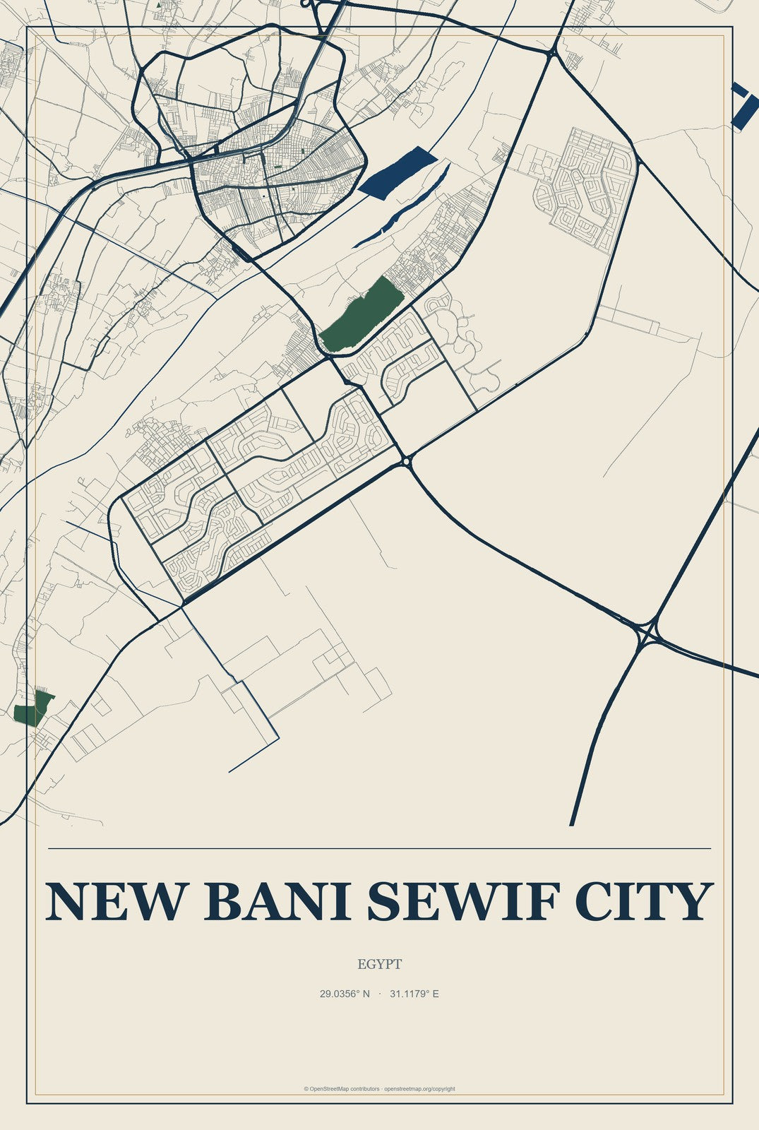New Bani Sewif City, Egypt City Map Aluminum Sign in Coastal Cutout style