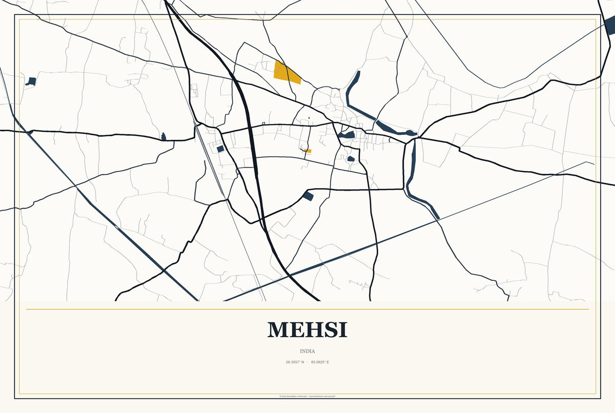 Mehsi, India City Map Aluminum Sign in Citrine Modern style