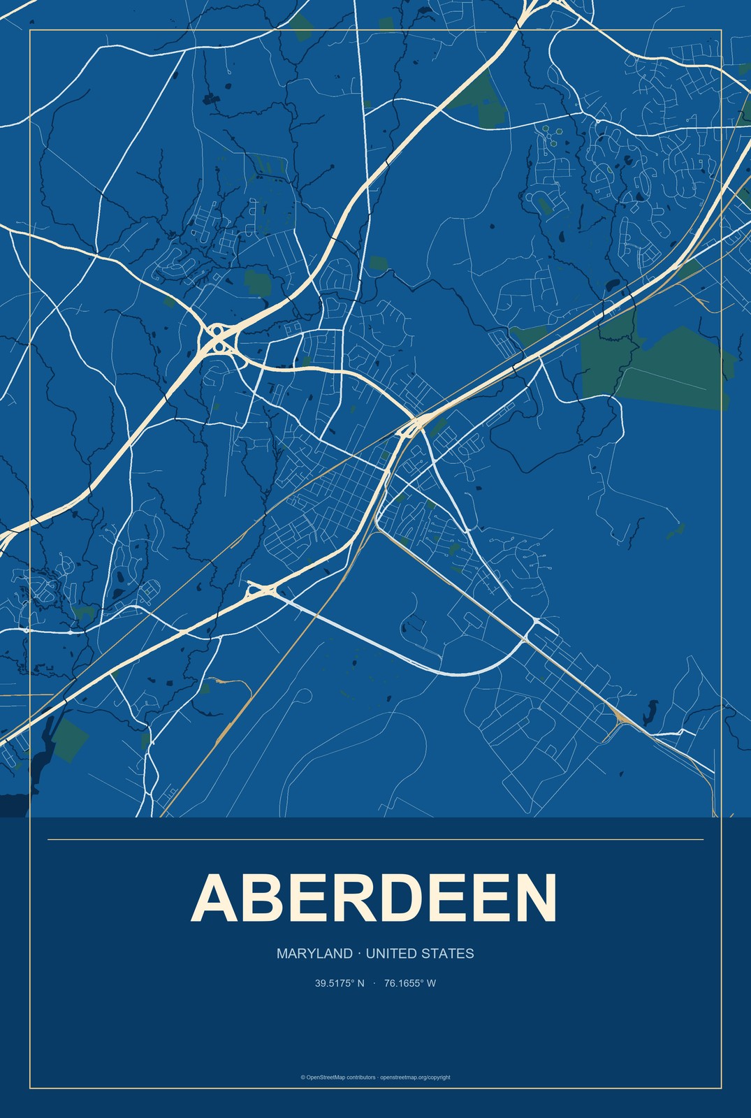 Aberdeen, Maryland City Map Aluminum Sign in Harbor Cobalt style