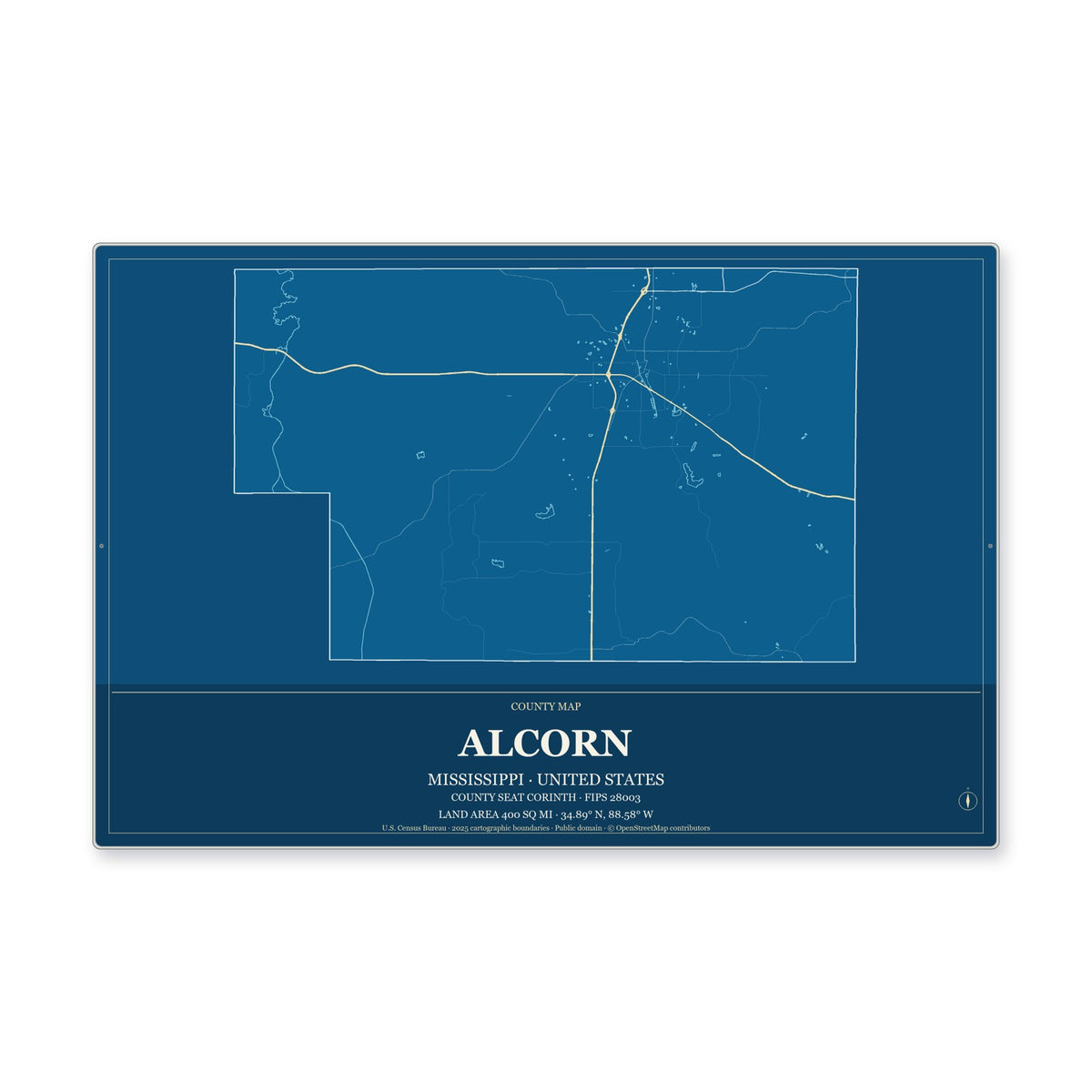 Alcorn County, Mississippi Map Aluminum Sign in Harbor Cobalt style