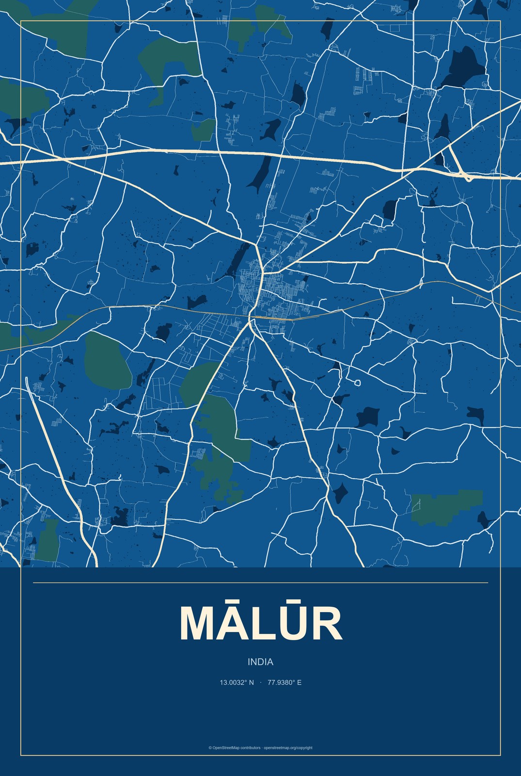 Mālūr, India City Map Aluminum Sign in Harbor Cobalt style