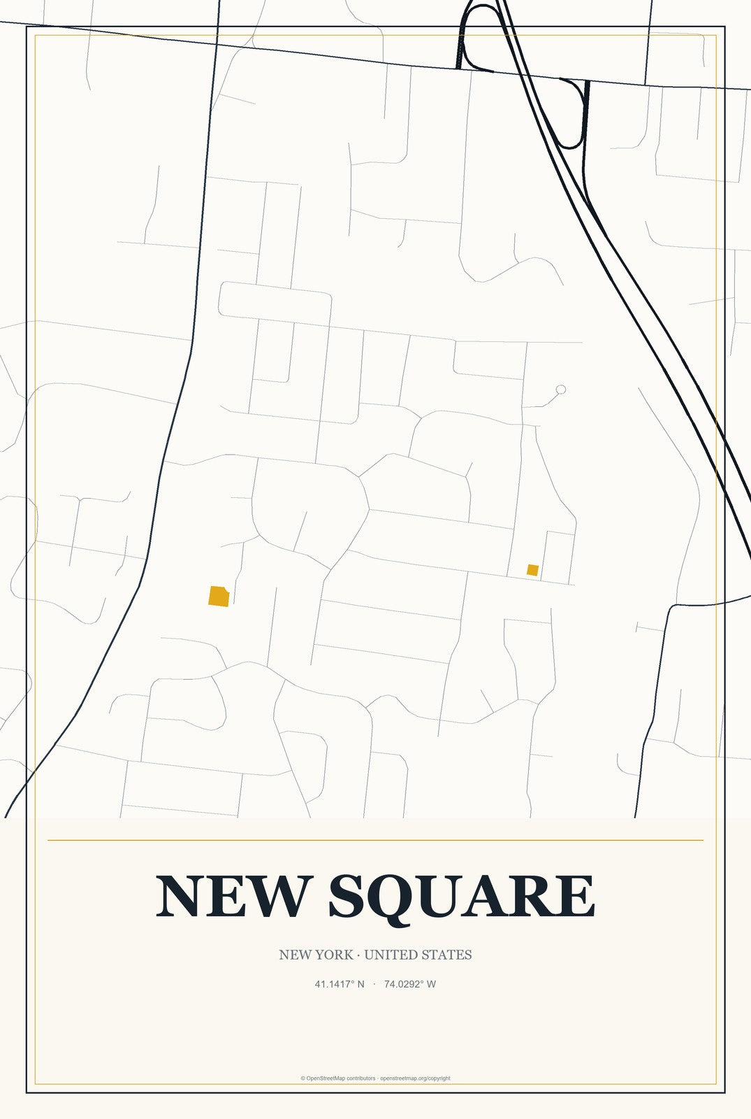 New Square, New York City Map Aluminum Sign in Citrine Modern style