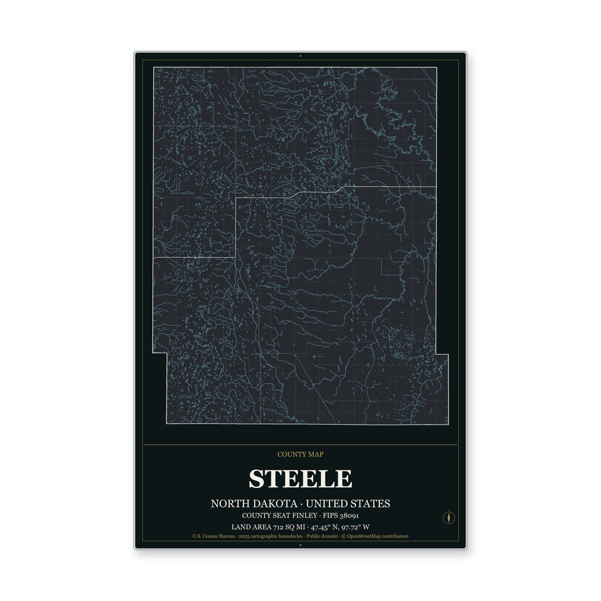 Steele County, North Dakota Map Aluminum Sign in Metropolitan Noir style