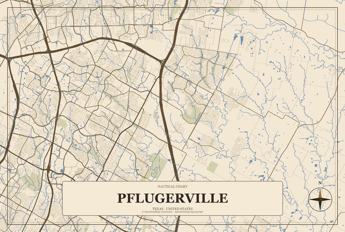 Pflugerville, Texas City Map Aluminum Sign in Heritage Nautical style