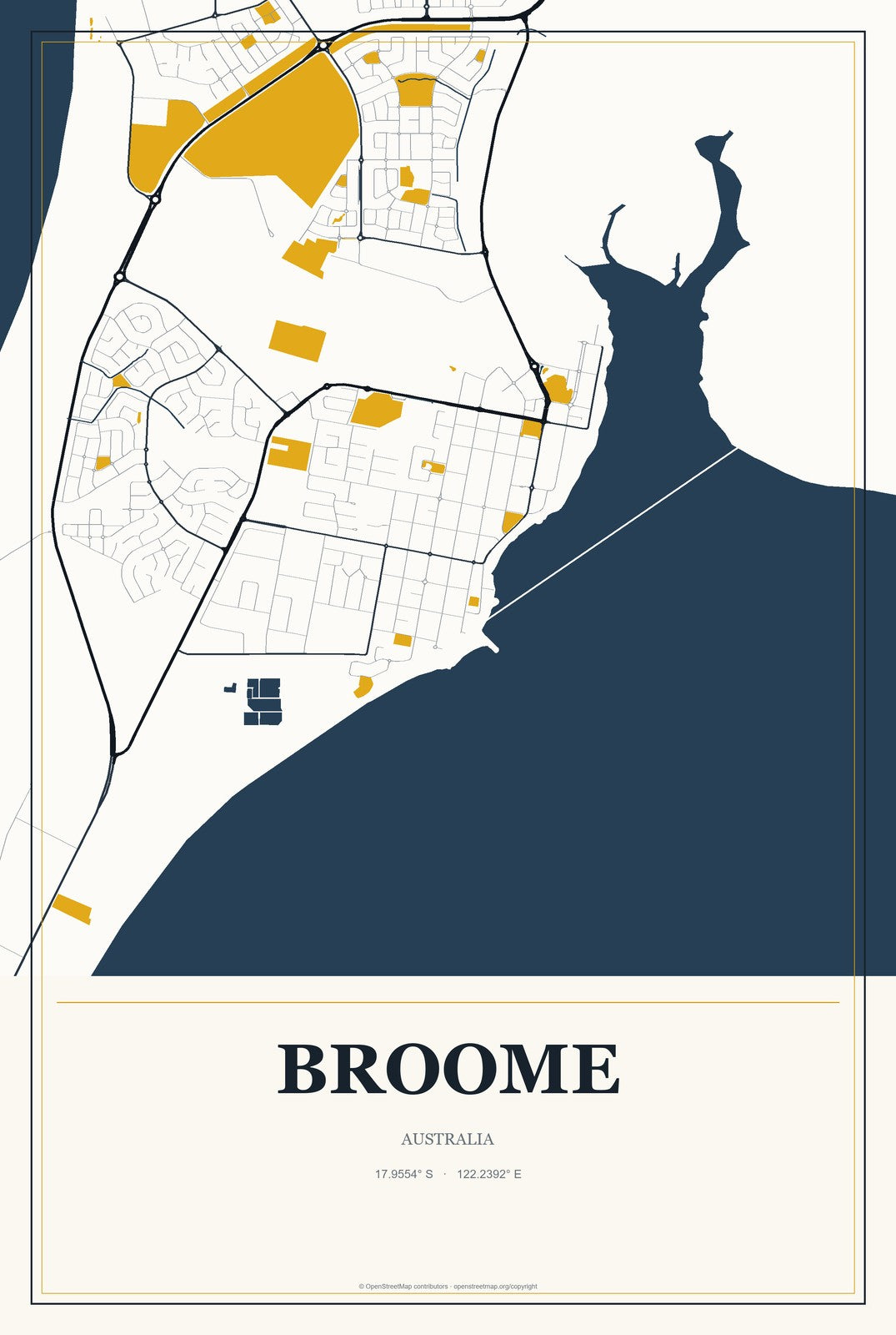 Broome, Australia City Map Aluminum Sign in Citrine Modern style