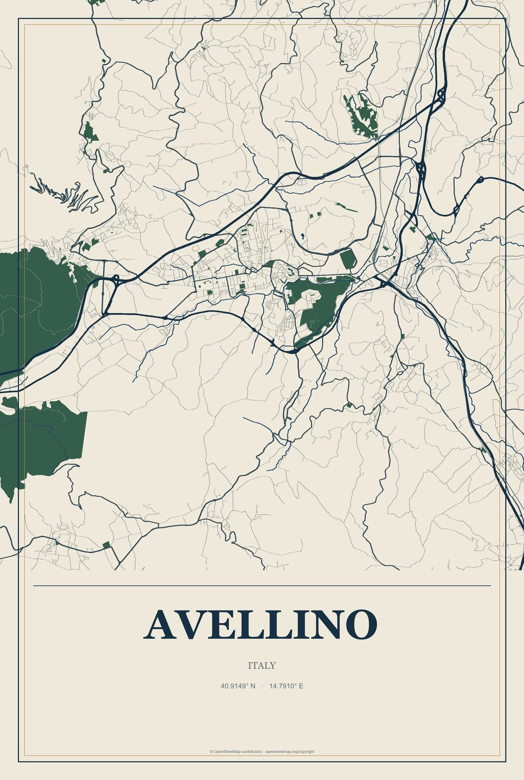 Avellino, Italy City Map Aluminum Sign in Coastal Cutout style