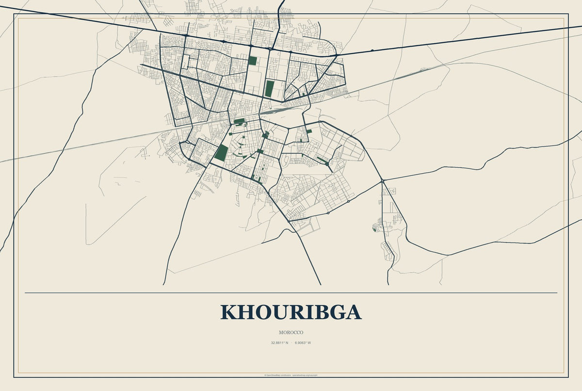 Khouribga, Morocco City Map Aluminum Sign in Coastal Cutout style