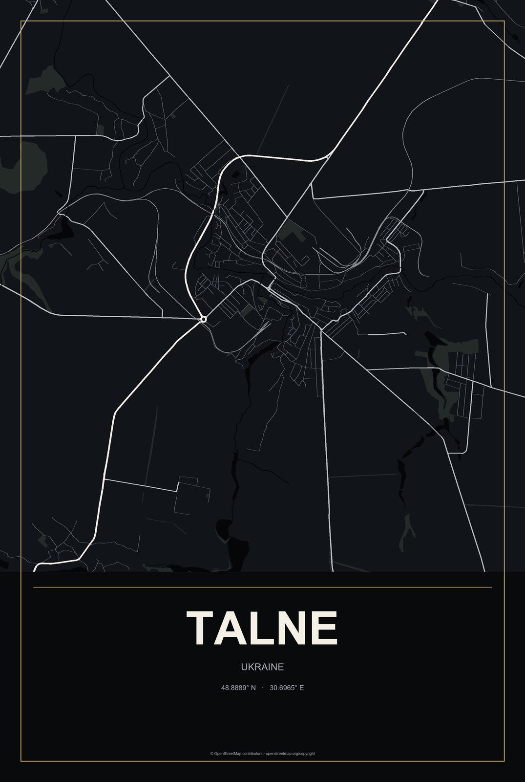 Talne, Ukraine City Map Aluminum Sign in Metropolitan Noir style