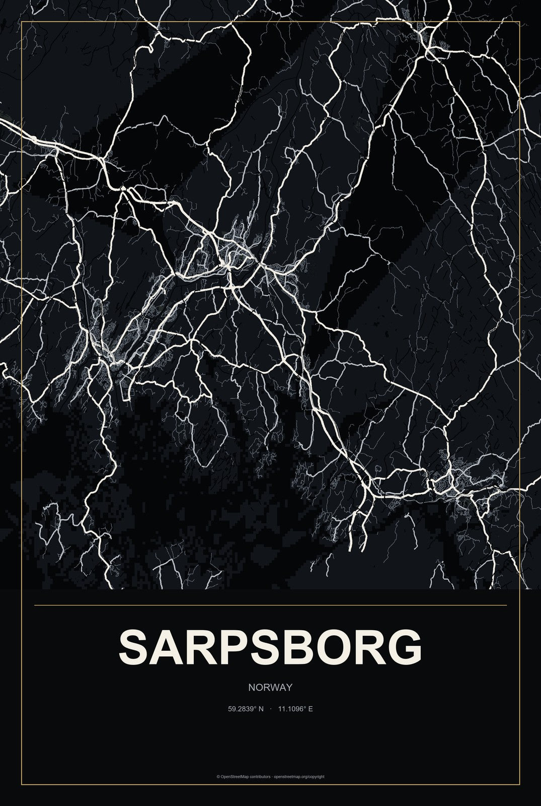Sarpsborg, Norway City Map Aluminum Sign in Metropolitan Noir style