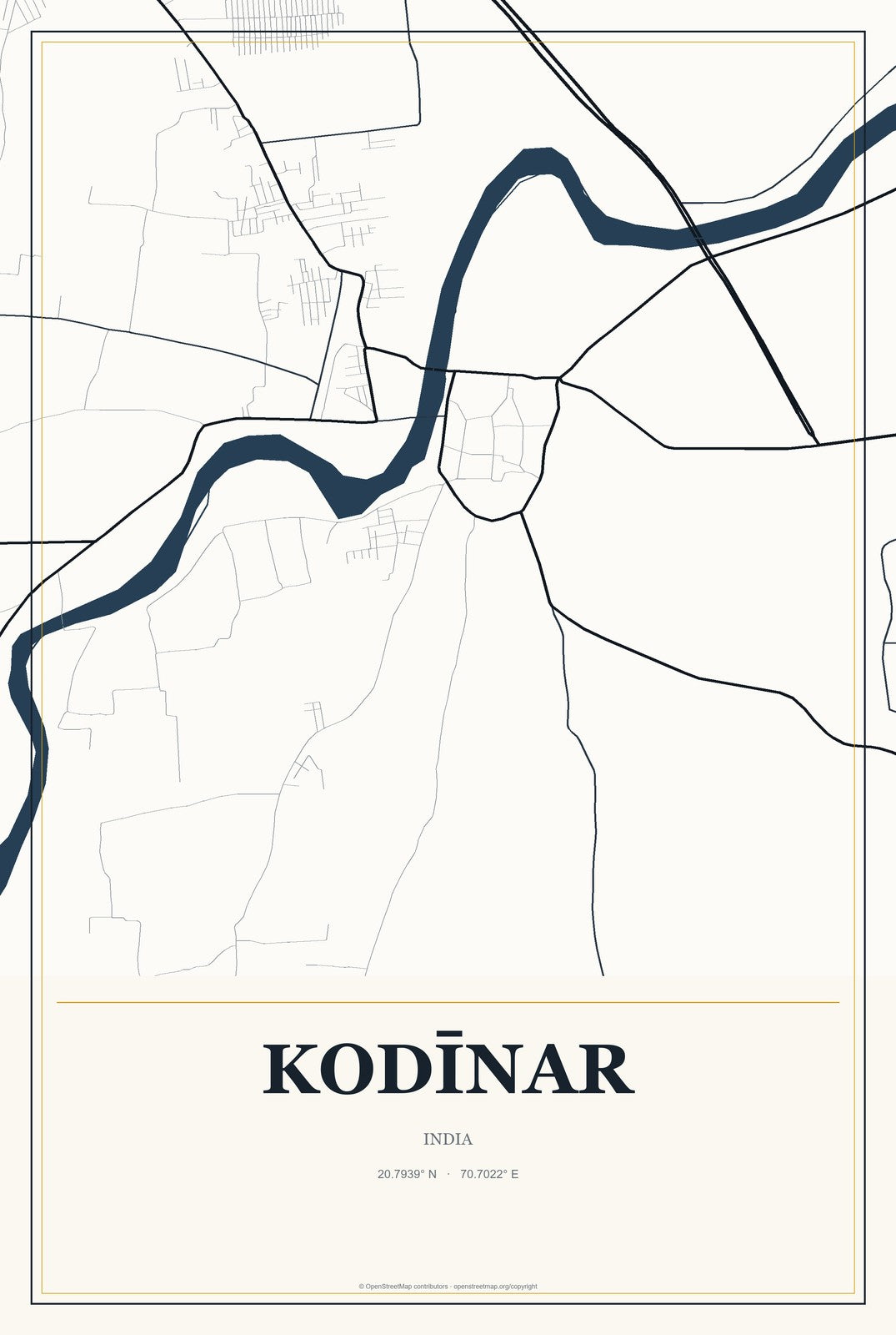 Kodīnar, India City Map Aluminum Sign in Citrine Modern style