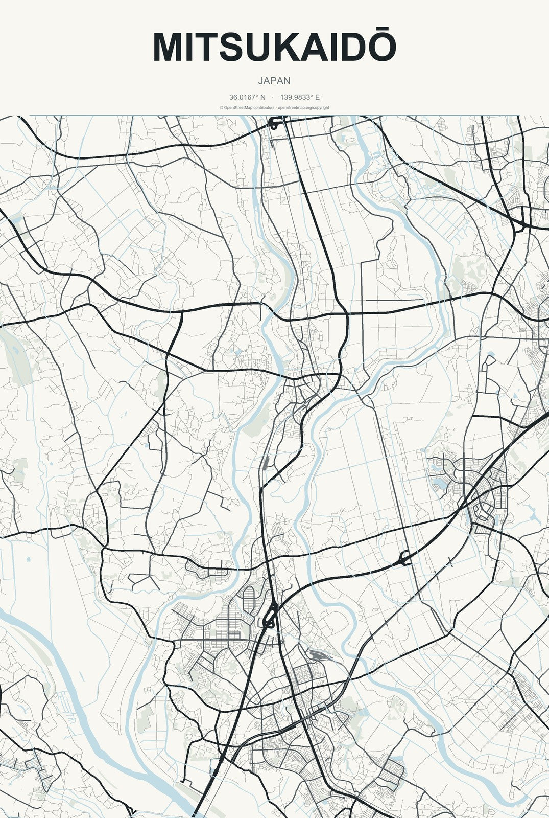 Mitsukaidō, Japan City Map Aluminum Sign in Headline Atlas style