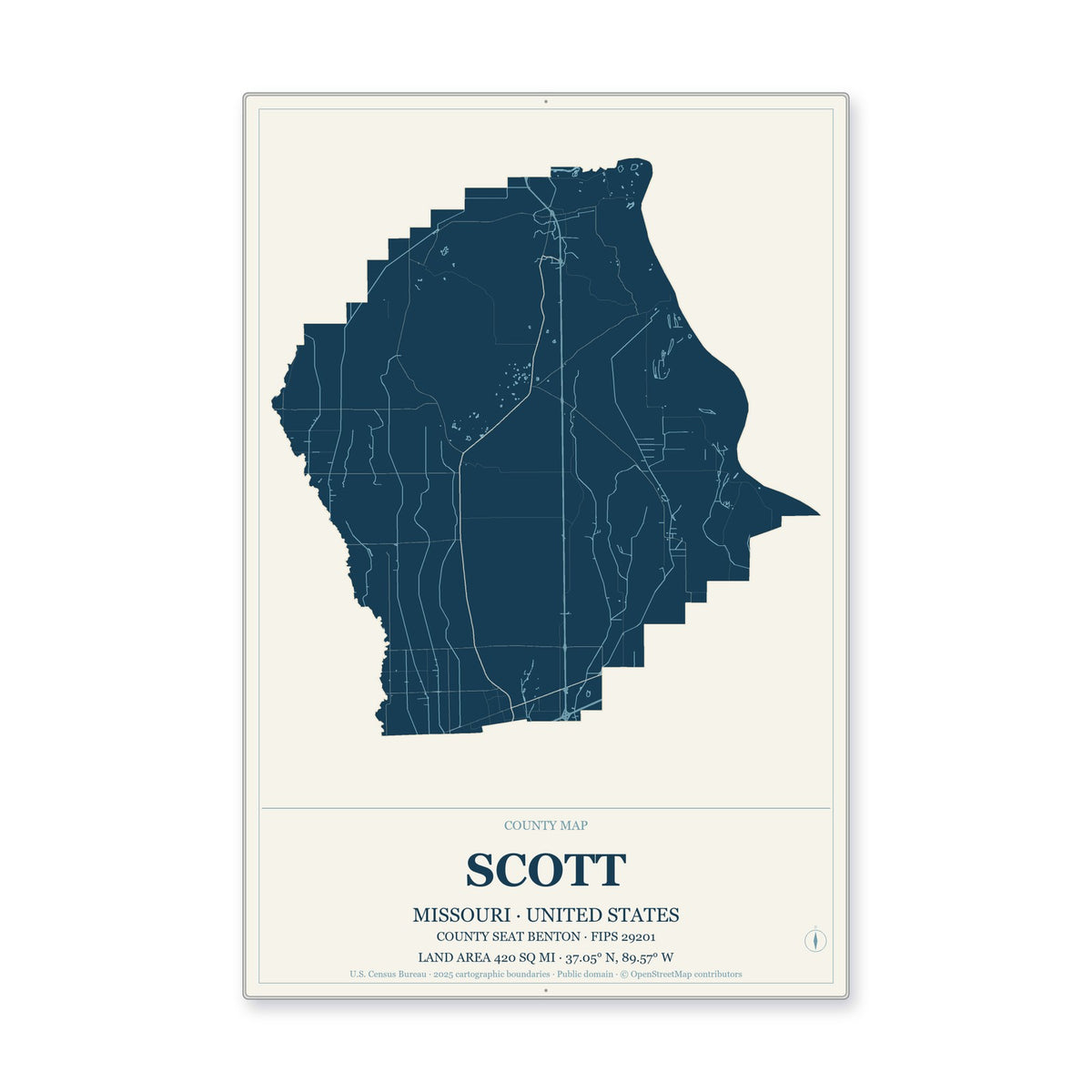 Scott County, Missouri Map Aluminum Sign in Coastal Cutout style