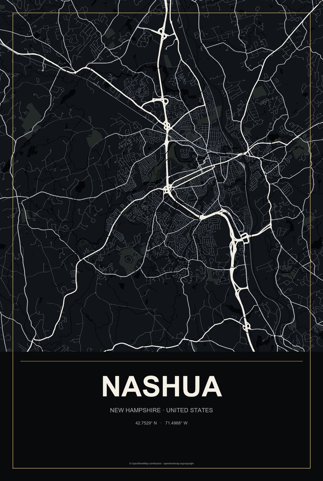 Nashua, New Hampshire City Map Aluminum Sign in Metropolitan Noir style