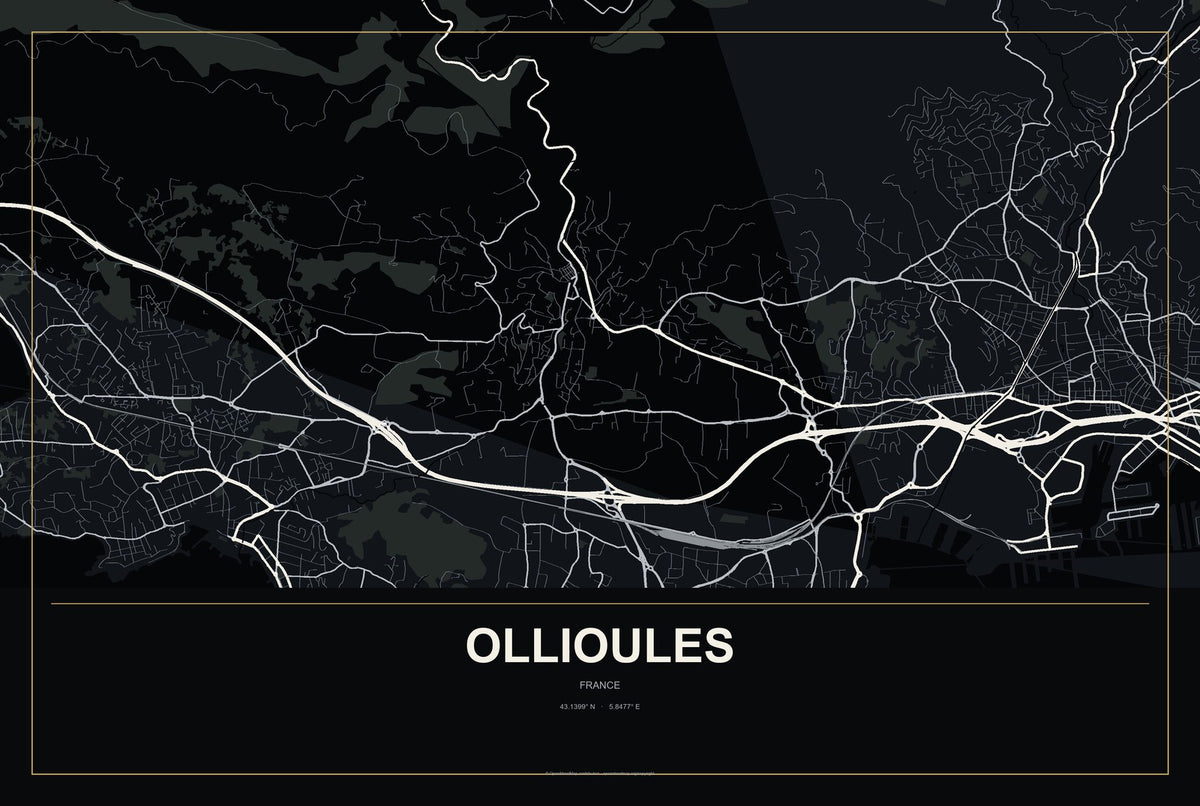Ollioules, France City Map Aluminum Sign in Metropolitan Noir style