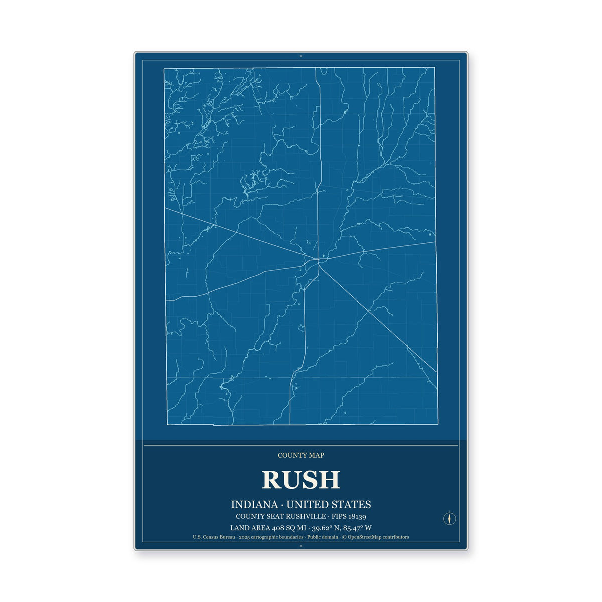 Rush County, Indiana Map Aluminum Sign in Harbor Cobalt style