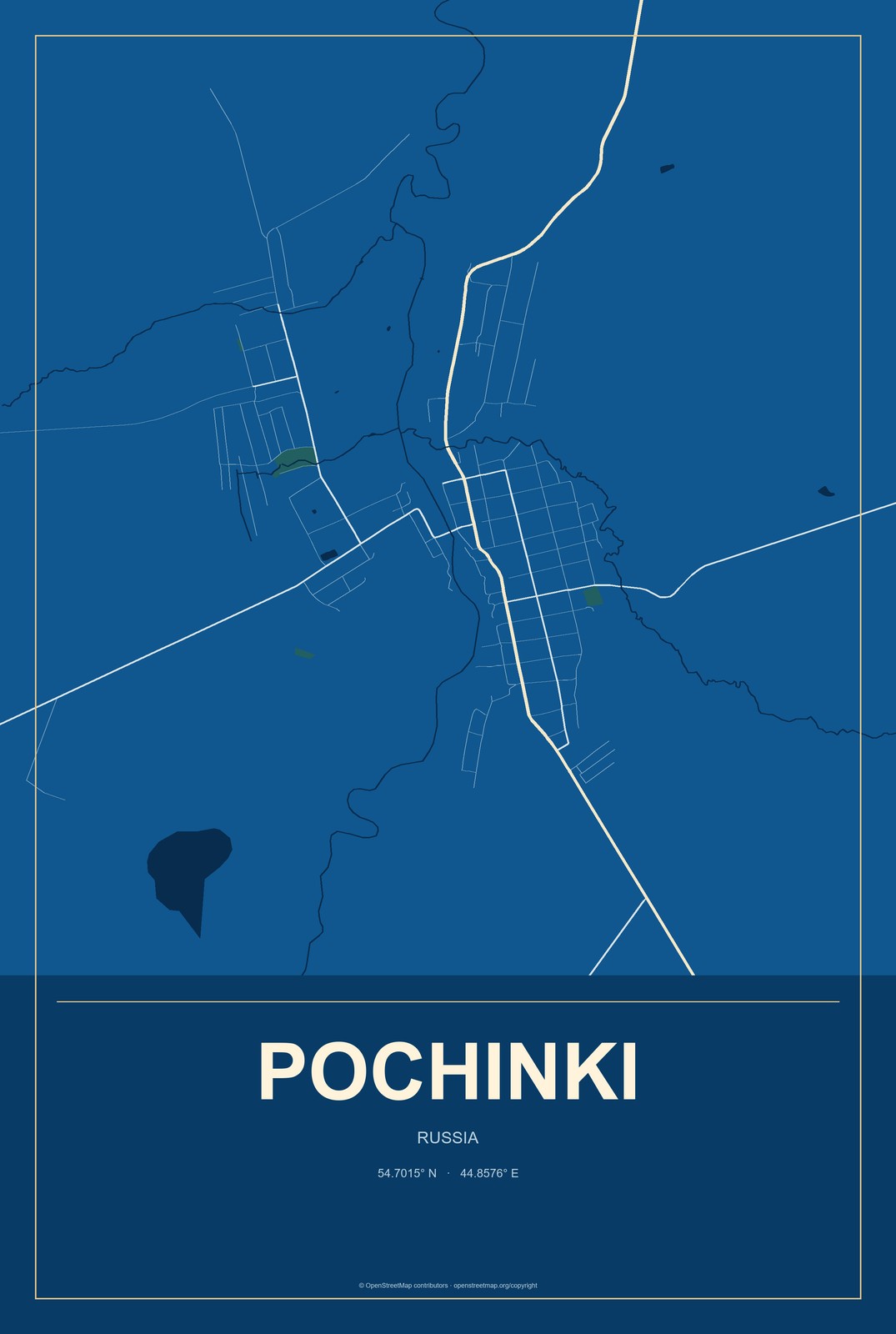 Pochinki, Russia City Map Aluminum Sign in Harbor Cobalt style