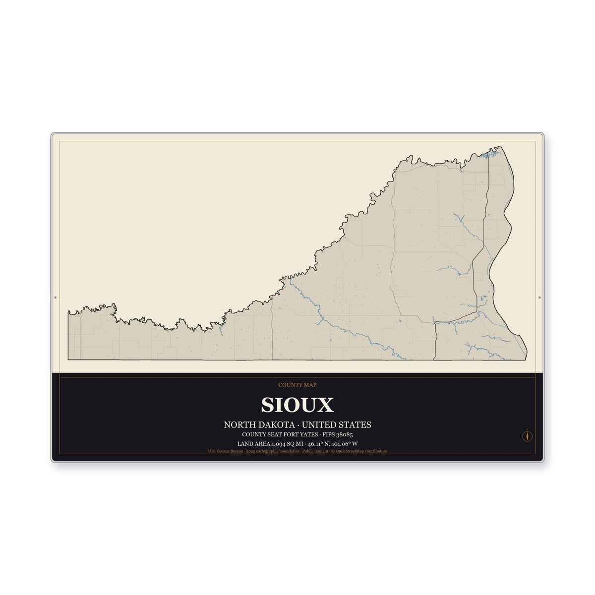 Sioux County, North Dakota Map Aluminum Sign in Museum Plaque style