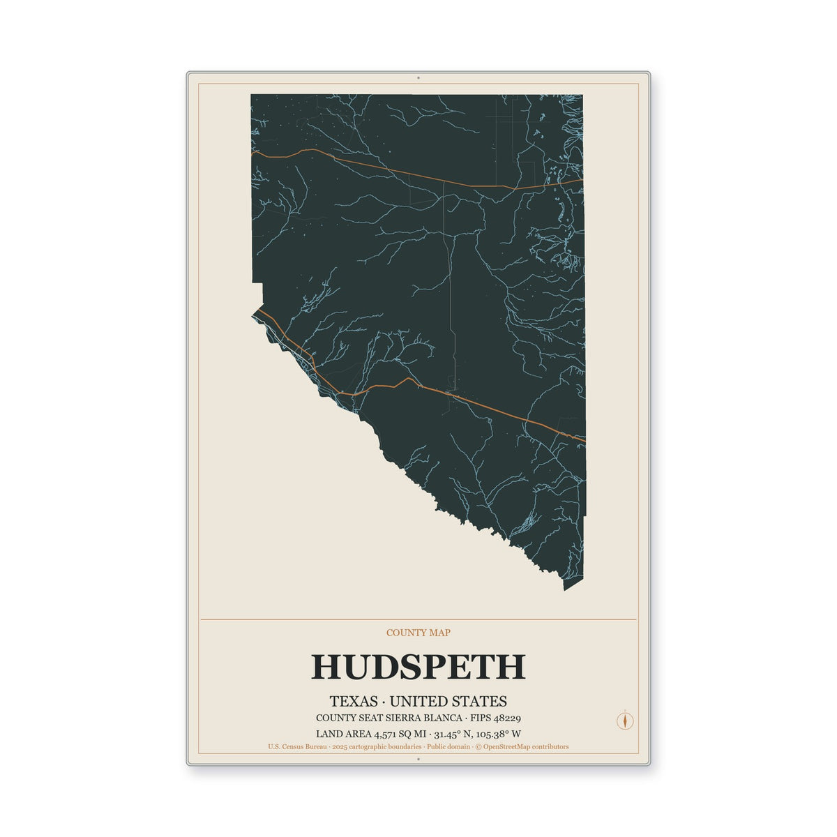Hudspeth County, Texas Map Aluminum Sign in Headline Atlas style