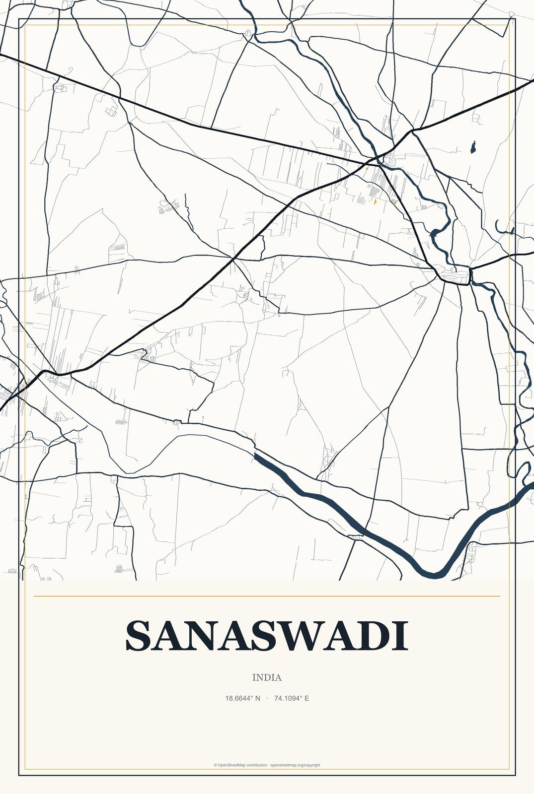 Sanaswadi, India City Map Aluminum Sign in Citrine Modern style