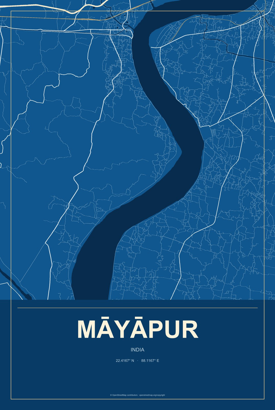 Māyāpur, India City Map Aluminum Sign in Harbor Cobalt style