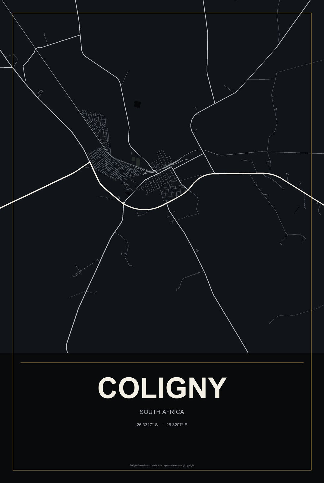Coligny, South Africa City Map Aluminum Sign in Metropolitan Noir style