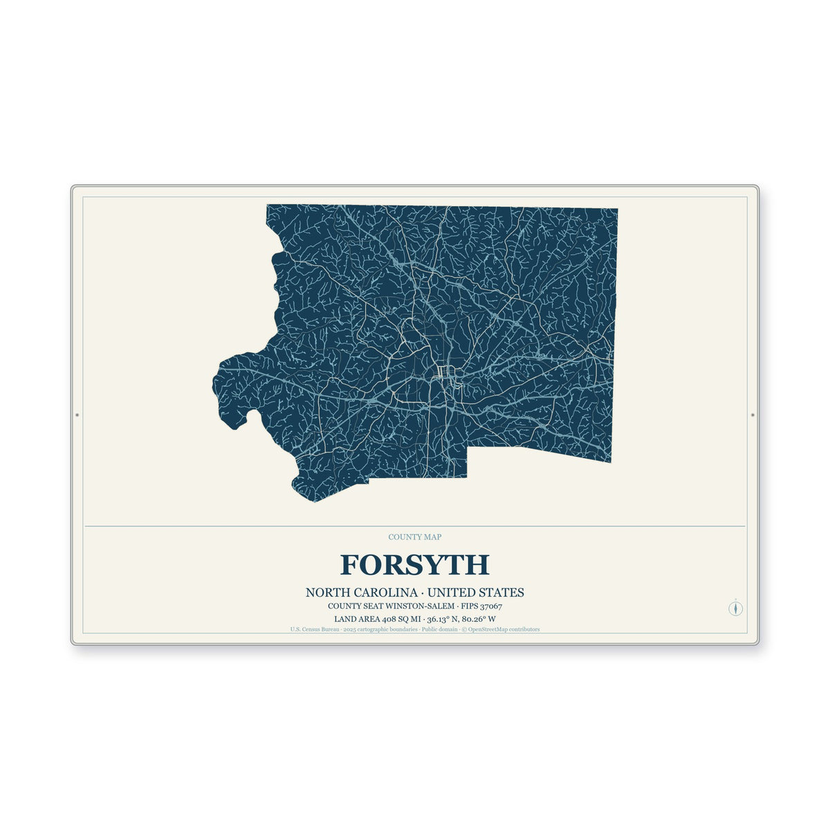 Forsyth County, North Carolina Map Aluminum Sign in Coastal Cutout style