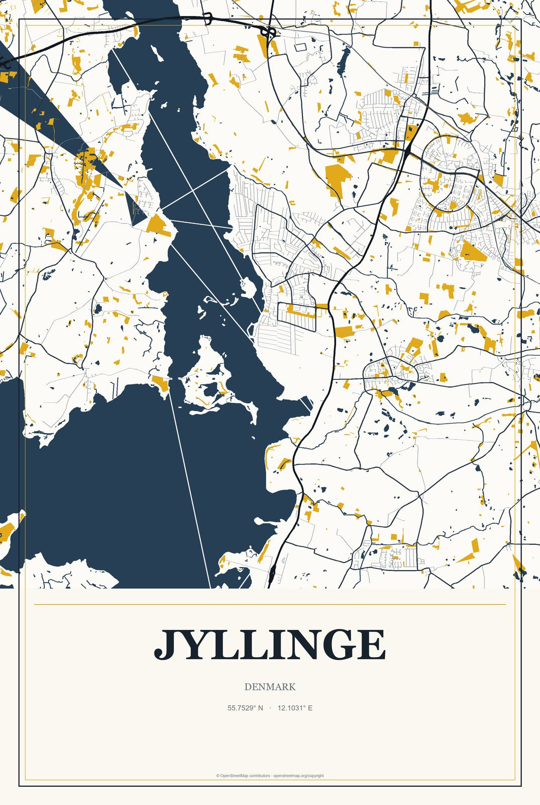 Jyllinge, Denmark City Map Aluminum Sign in Citrine Modern style