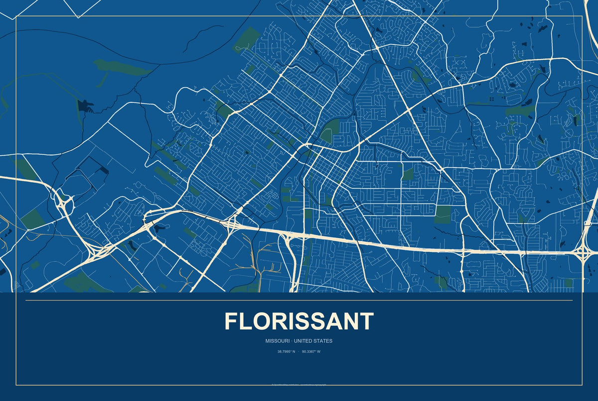 Florissant, Missouri City Map Aluminum Sign in Harbor Cobalt style