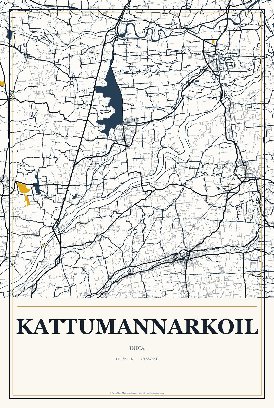 Kattumannarkoil, India City Map Aluminum Sign in Citrine Modern style