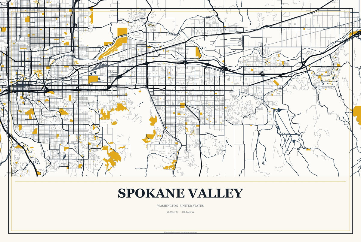 Spokane Valley, Washington City Map Aluminum Sign in Citrine Modern style