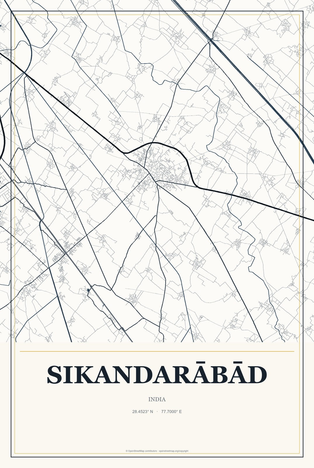 Sikandarābād, India City Map Aluminum Sign in Citrine Modern style
