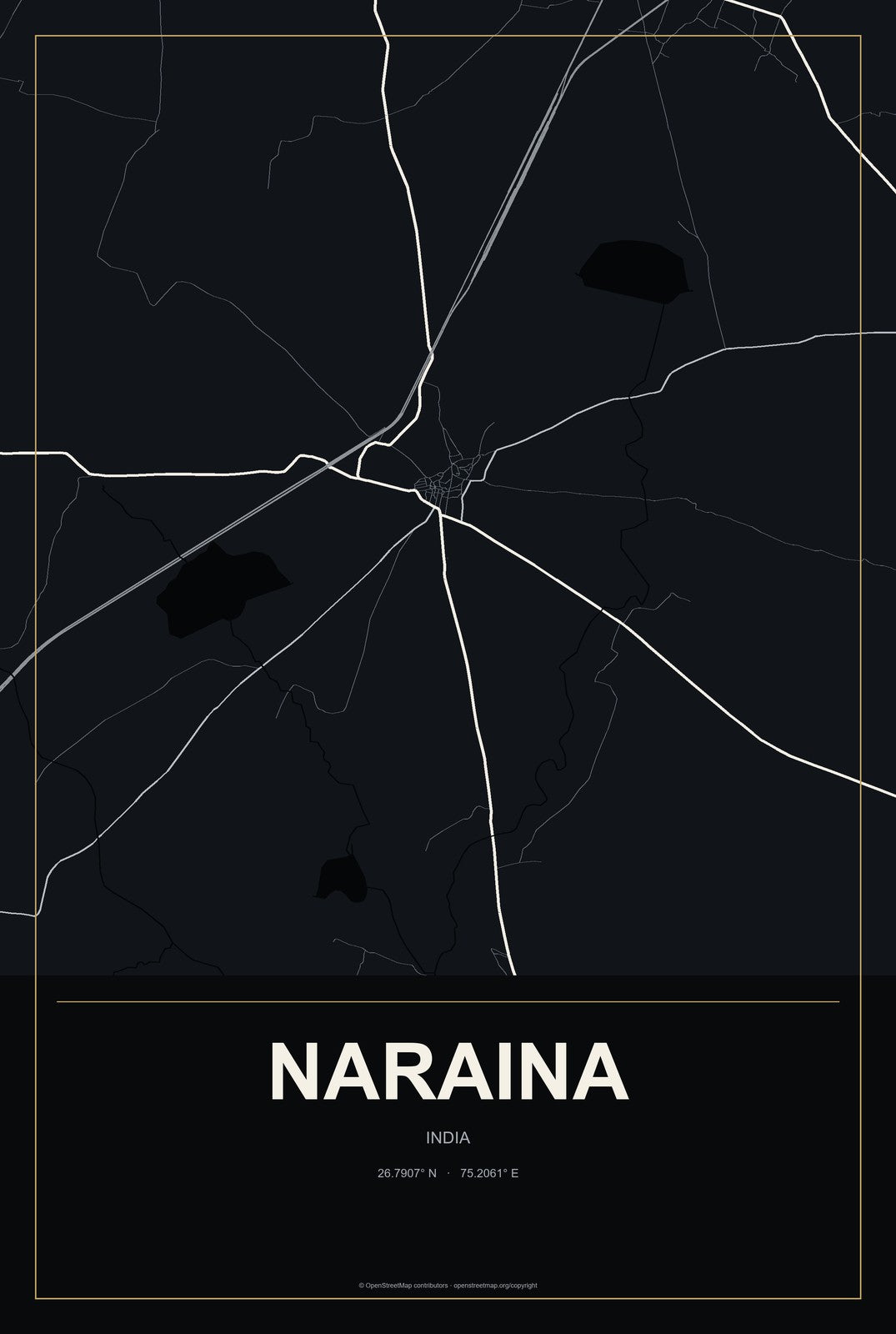Naraina, India City Map Aluminum Sign in Metropolitan Noir style