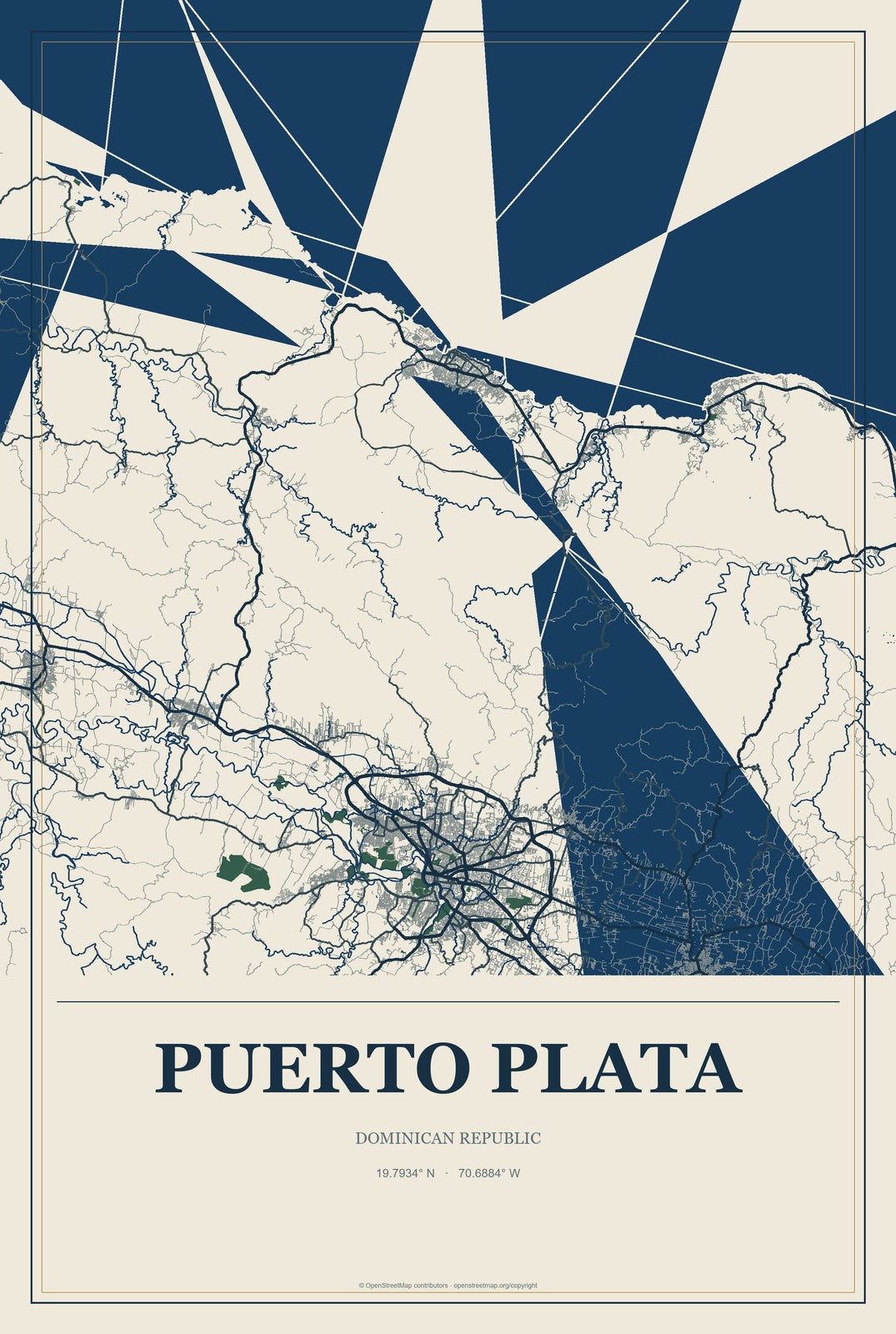 Puerto Plata, Dominican Republic City Map Aluminum Sign in Coastal Cutout style