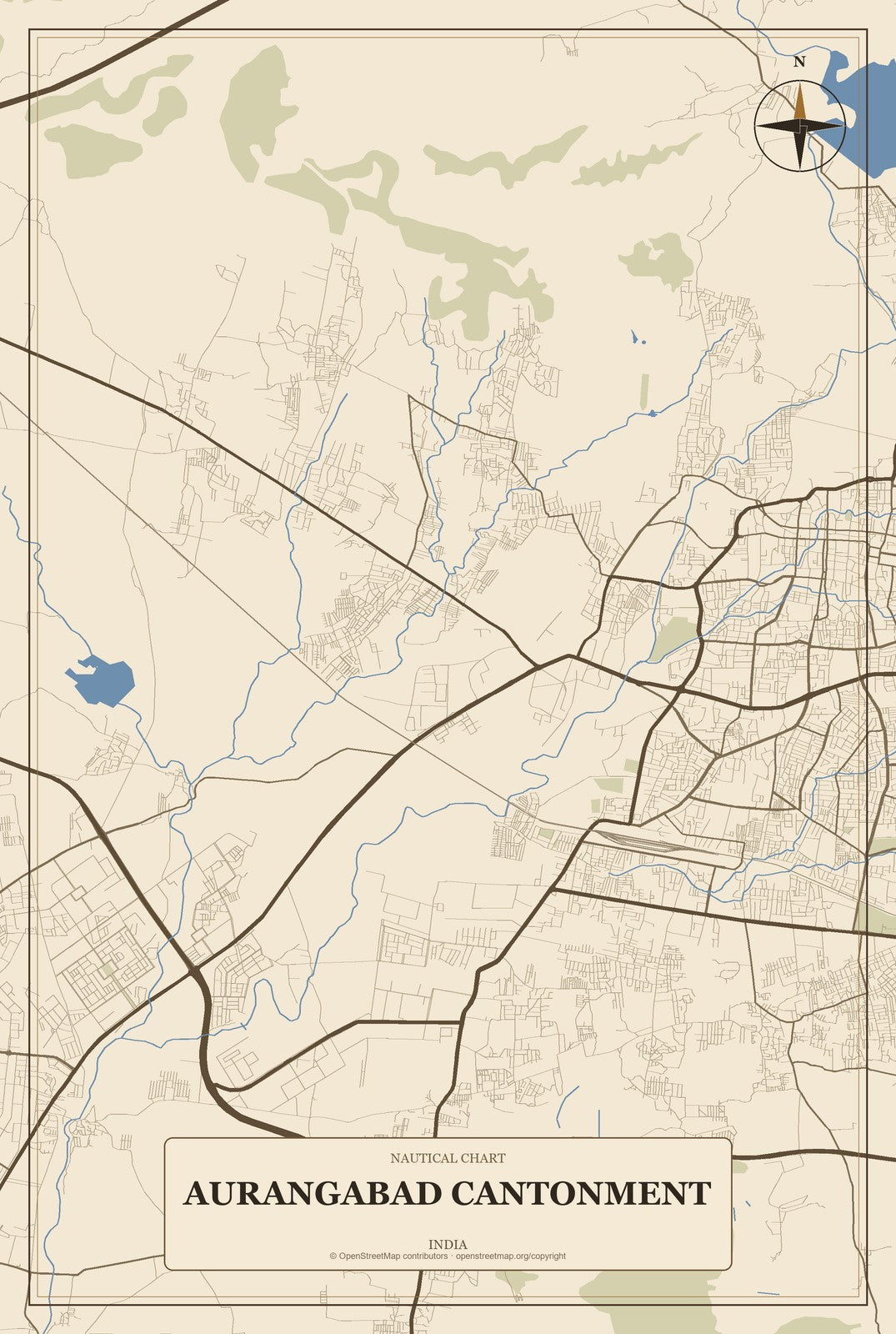 Aurangabad Cantonment, India City Map Aluminum Sign in Heritage Nautical style