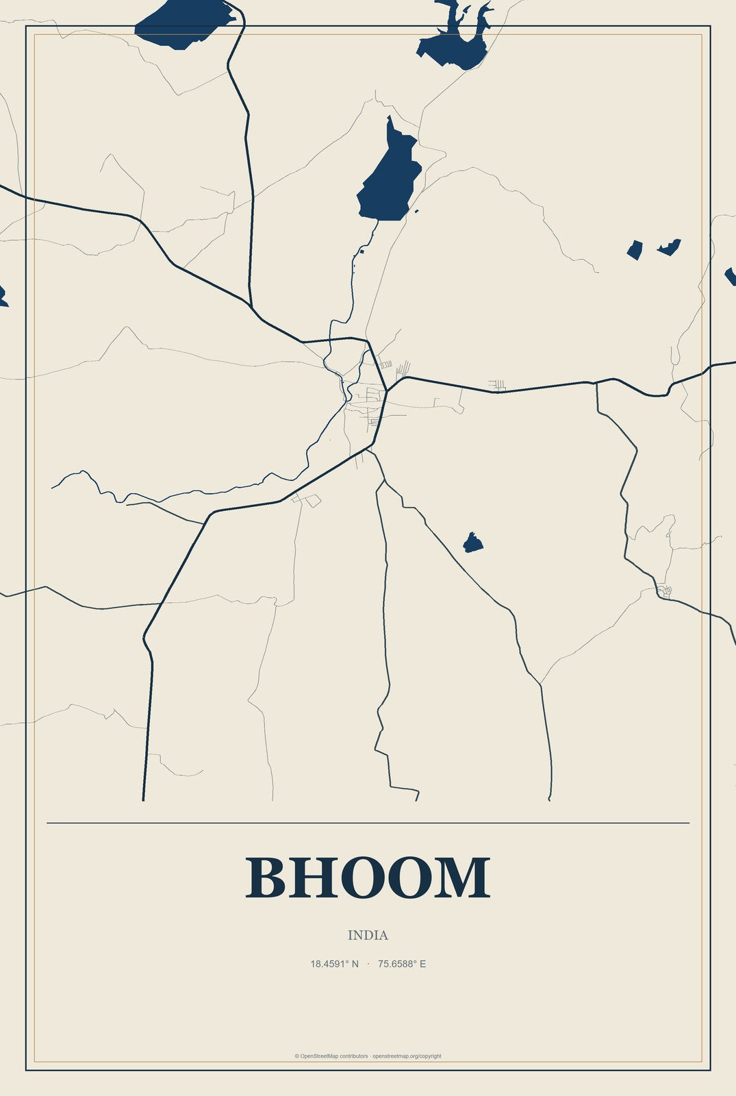Bhoom, India City Map Aluminum Sign in Coastal Cutout style