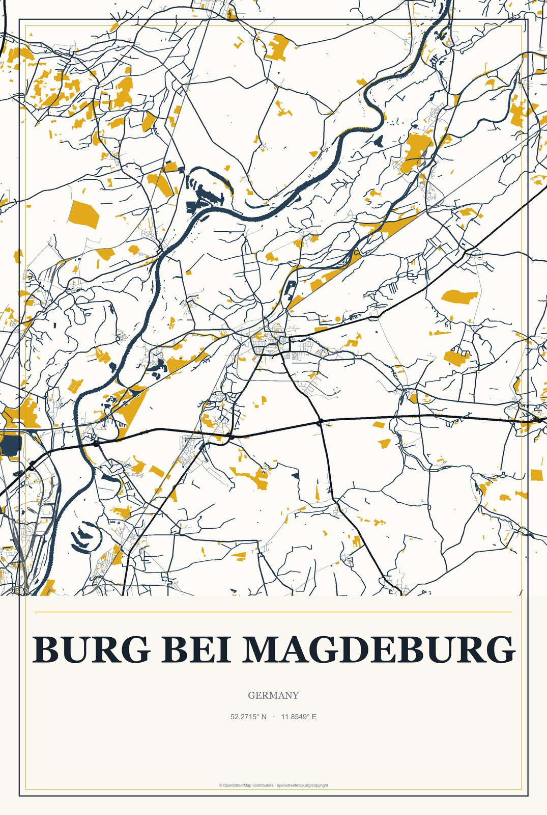 Burg bei Magdeburg, Germany City Map Aluminum Sign in Citrine Modern style