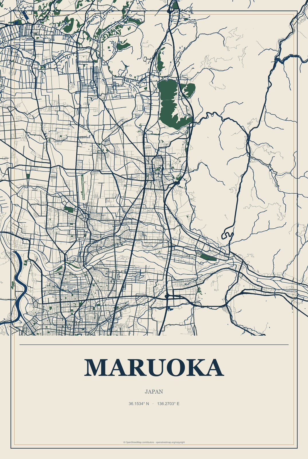 Maruoka, Japan City Map Aluminum Sign in Coastal Cutout style