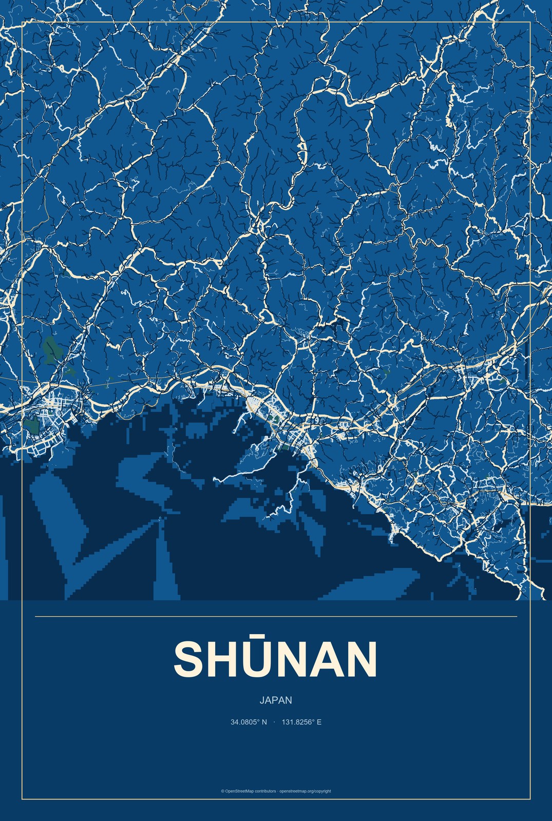 Shūnan, Japan City Map Aluminum Sign in Harbor Cobalt style