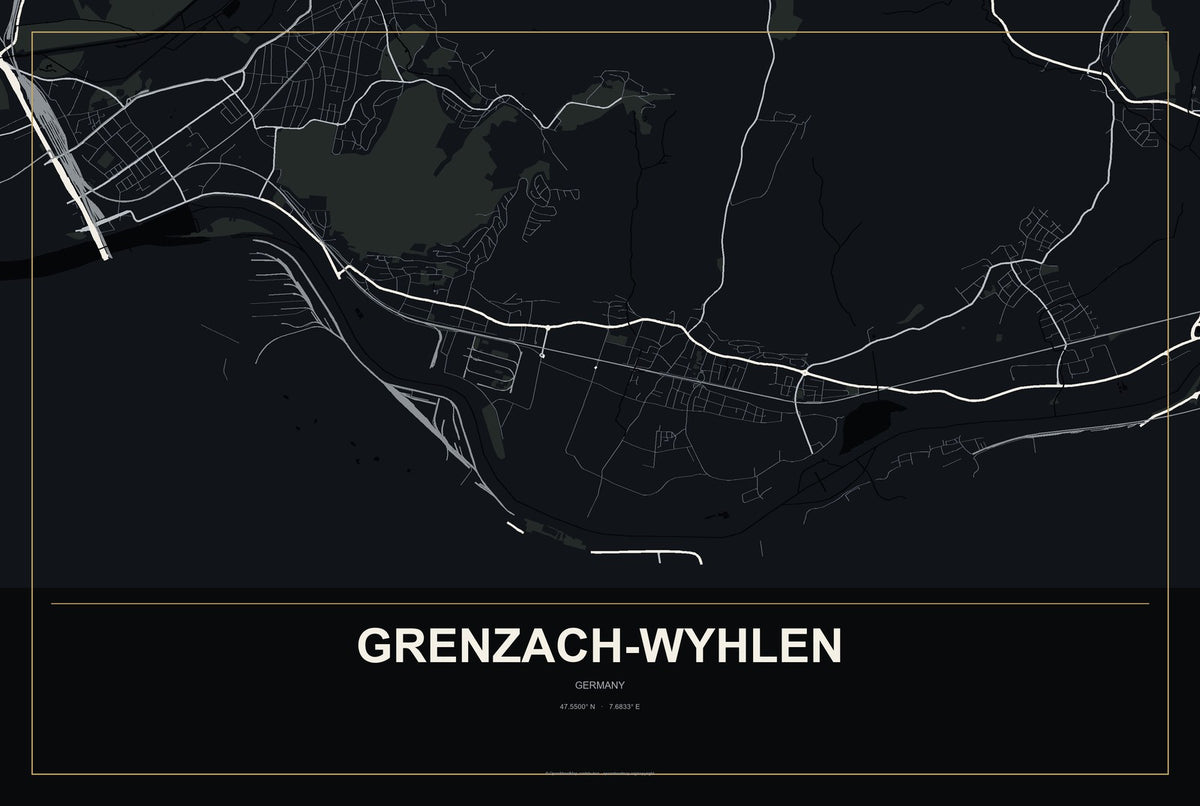 Grenzach-Wyhlen, Germany City Map Aluminum Sign in Metropolitan Noir style